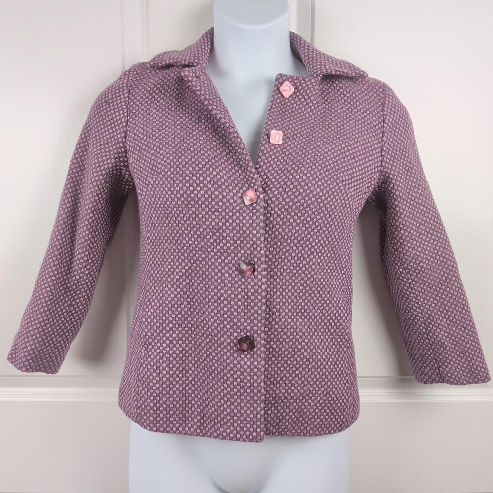 Cropped Coquett Twee Lavender 100% Wool Button Front Blazer Jacket Made in USA - Picture 1 of 8
